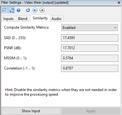 image showing the similarity tab in video mixer filter settings