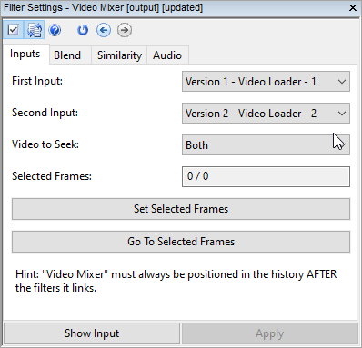 image showing the inputs tab in video mixer filter settings