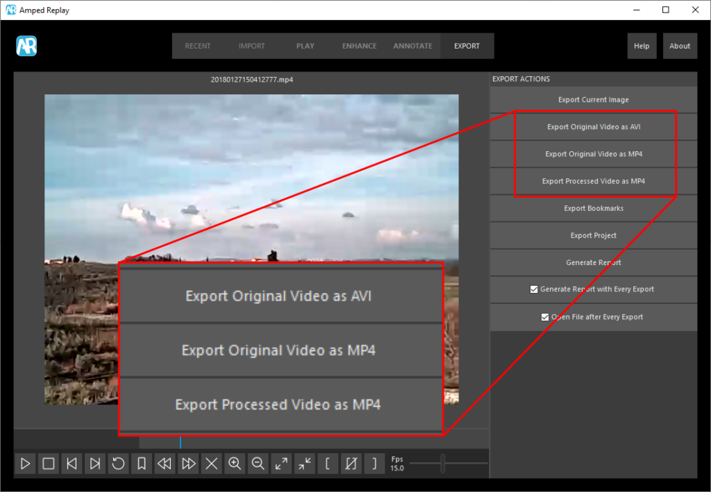 video export options in amped replay