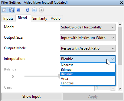 image displaying video mixer interpolation settings