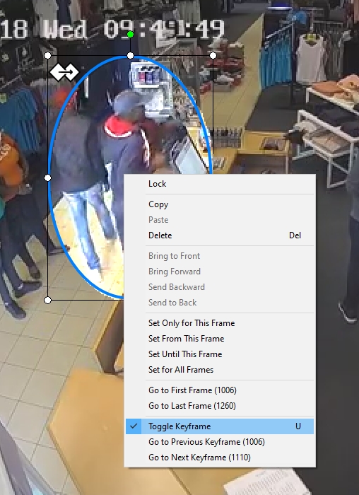 image of a robber in a clothing store and annotation with toggle keyframe option