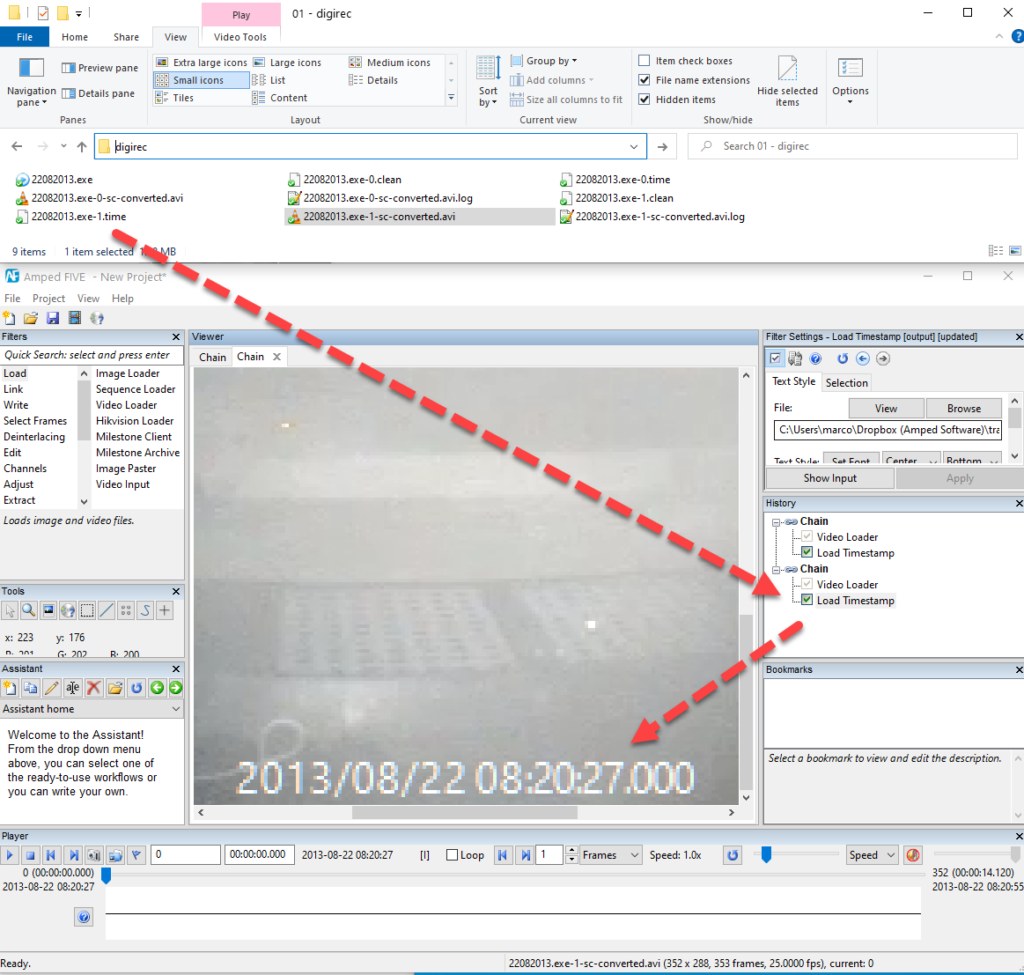 picture showing how video and timestamp are extracted in amped five from exe file and loaded