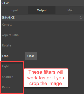 output tab within the enhance filter