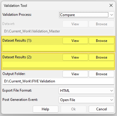 compare process selected within the validation tool