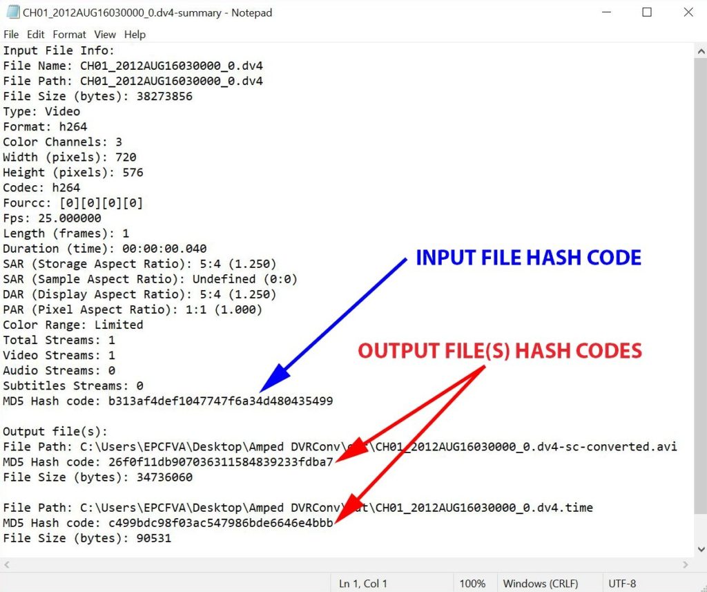 textual document with input file information, hash codes, hash codes of output files