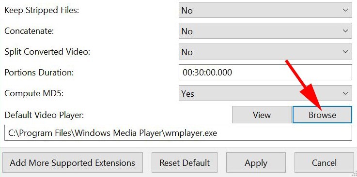 in Program Options click on Browse and navigate to the program folder containing the video player executable of choice
