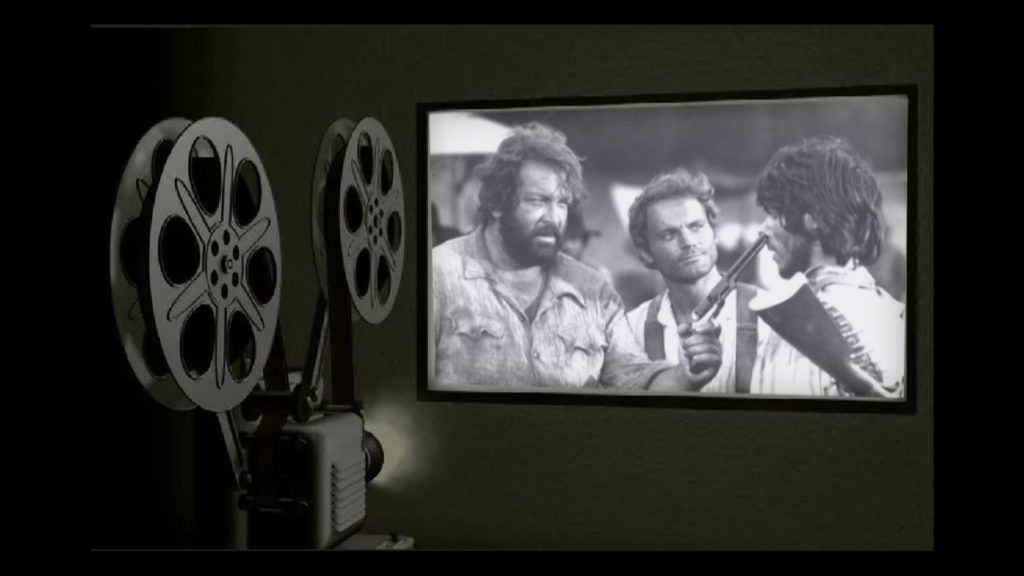 a projector showing a movie with Bud Spencer and Terrence Hill