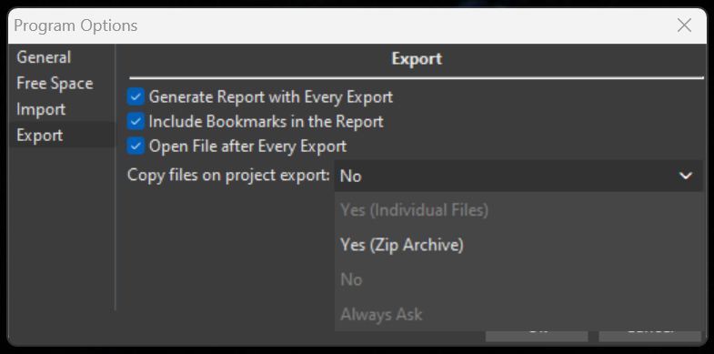 export files option in program options