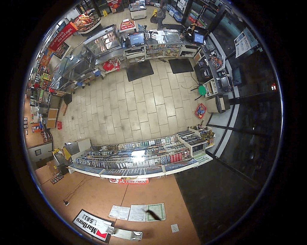 image shows a fisheye lens view of a shop