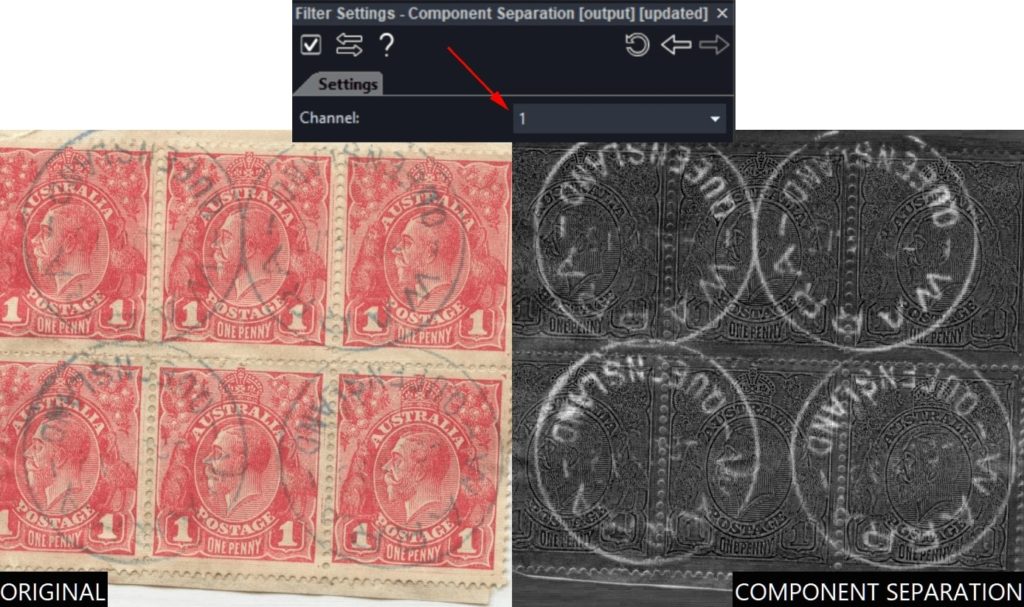 image showing an original image of stamps with the queensland office logo and the component separation